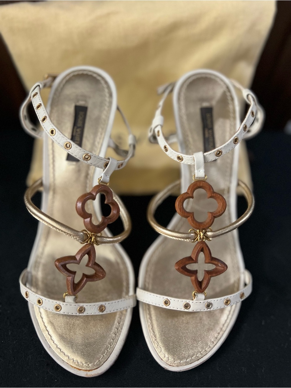 Louis Vuitton Andalucia White and Brown T-Strap Heeled Sandals with Gold Accents